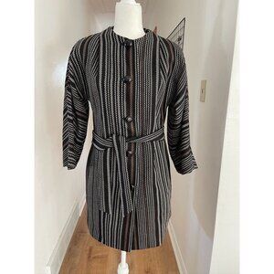 EUC Vintage Black & Brown Striped Long Jacket With Belt & Buttons